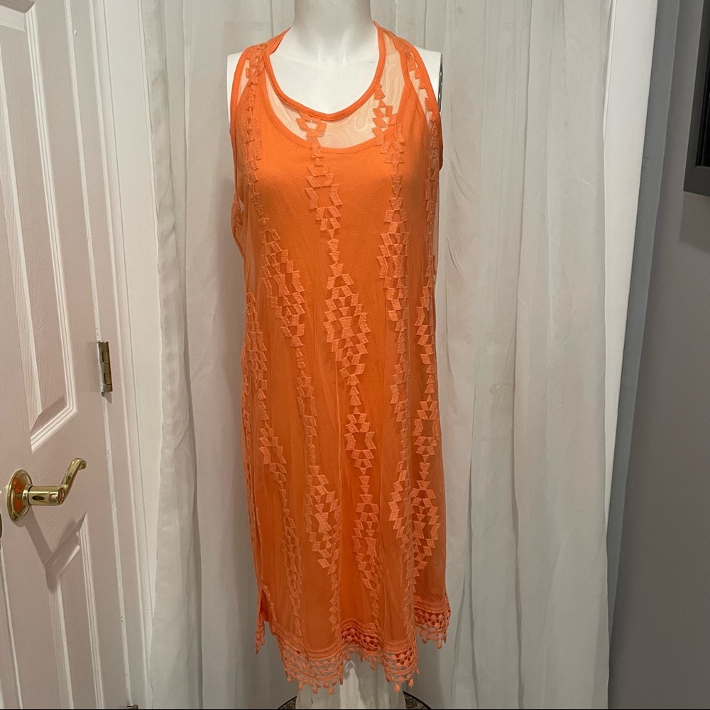 INC BEACH CORAL NETTED DRESS WITH CROCHET DETAIL SIZE XL